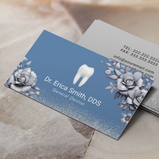 Dentist Luxury Silver Floral Blue Dental Care Business Card (Creator Uploaded)