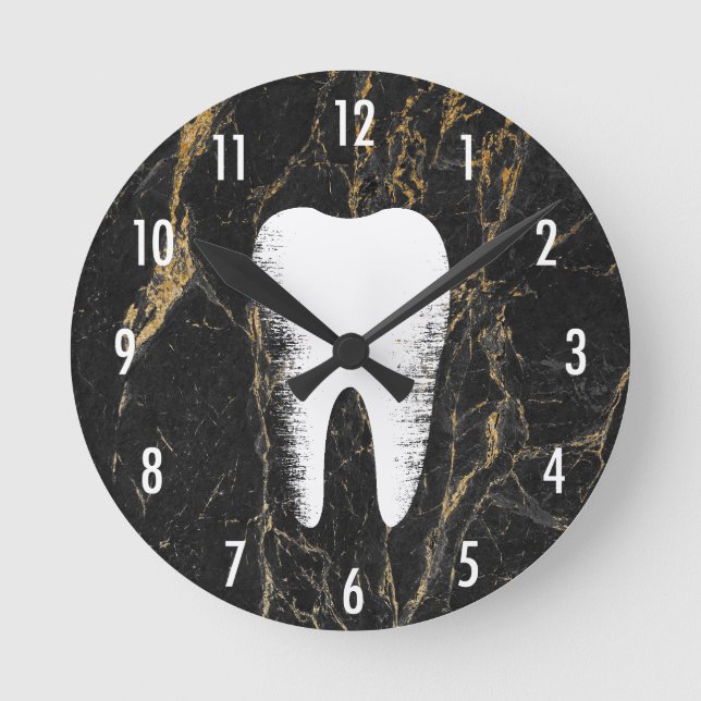 Dentist Modern Black & Gold Marble Dental Office Round Clock (Front)