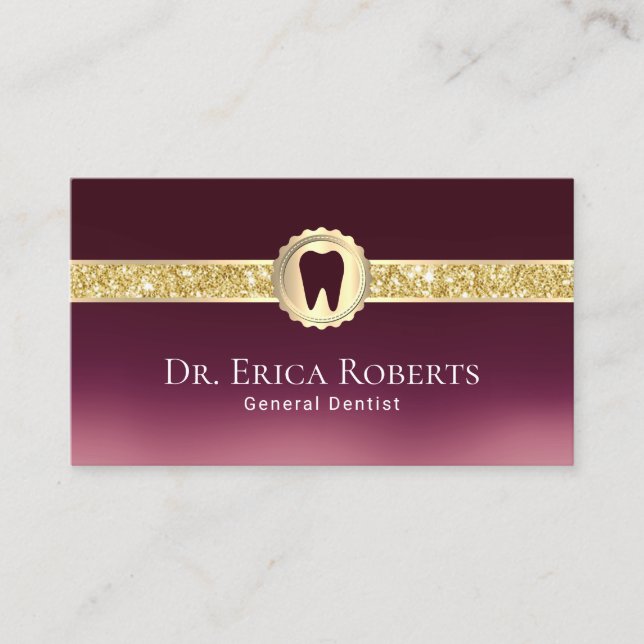 Dentist Modern Gold Badge Burgundy Red Dental Care Business Card (Front)