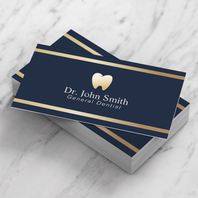 Dentist Modern Gold Stripe Navy Blue Dental Office Business Card (Creator Uploaded)