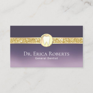 Dentist Modern Gold Tooth Logo Purple Ombre Dental Business Card