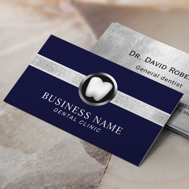 Dentist Modern Navy Blue & Silver Dental Office Business Card (Creator Uploaded)
