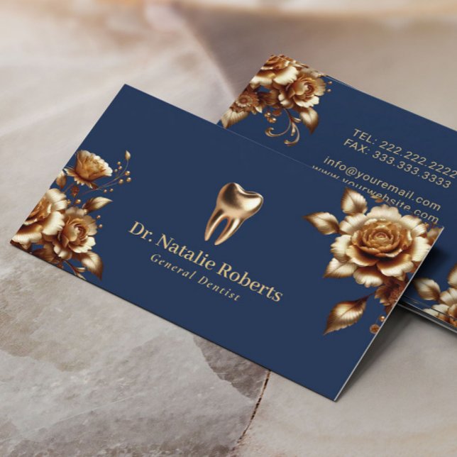 Dentist Modern Navy & Gold Floral Dental Office Business Card (Creator Uploaded)