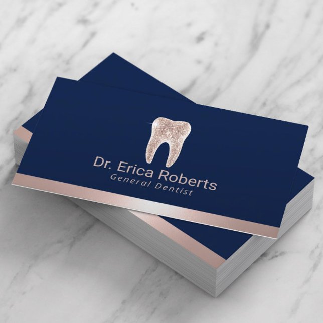 Dentist Modern Rose Gold Border Navy Blue Dental Business Card (Creator Uploaded)