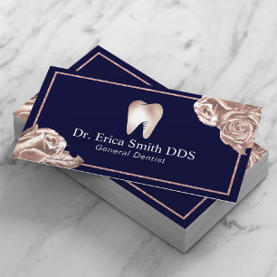 Dentist Modern Rose Gold Floral Navy Dental Care Business Card