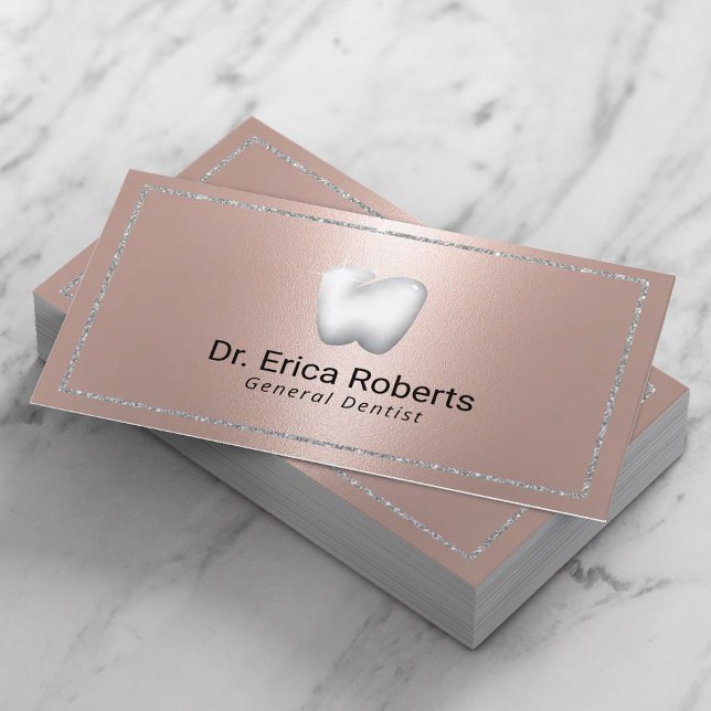 Dentist Modern Silver Frame Rose Gold Dental Care Business Card (Creator Uploaded)