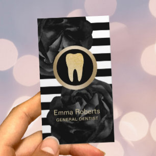 Dentist Modern Stripes Black Floral Dental Care Business Card