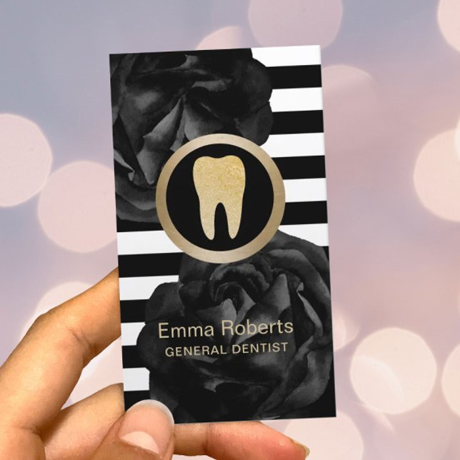 Dentist Modern Stripes Black Floral Dental Care Business Card (Creator Uploaded)