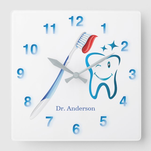 Dentist Monogram Cute Toothbrush Happy Tooth Square Wall Clock (Front)