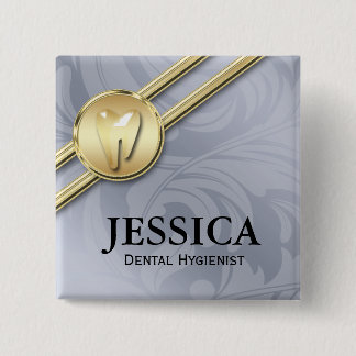 Dentist Name Tag Gold Tooth Leaves Grey 15 Cm Square Badge