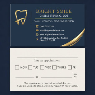 Dentist Navy Blue Gold Logo Dental Appointment Business Card