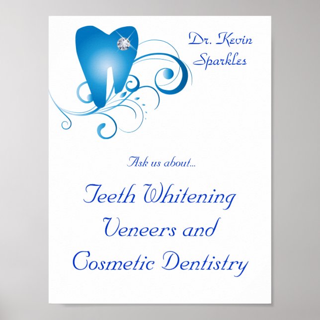 Dentist Poster Tooth Logo Blue Swirls Diamond (Front)