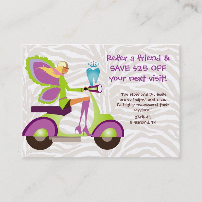 Dentist Referral Card Scooter Cute Fairy (Front)