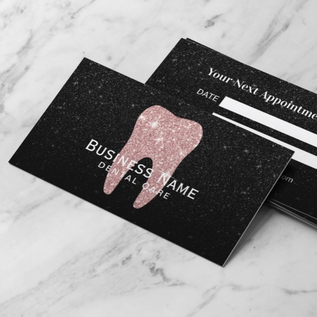 Dentist Rose Gold Tooth Black Glitter Dental Appointment Card (Creator Uploaded)
