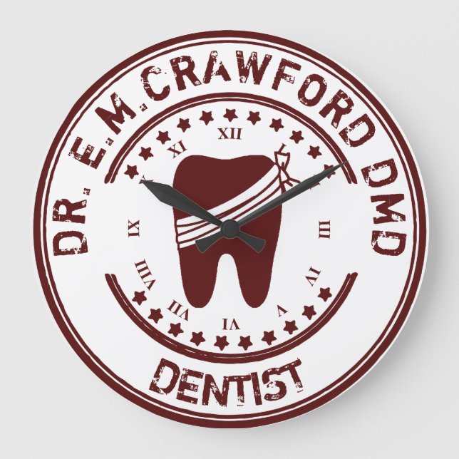 Dentist Rubber Stamp With Tooth And Your Name Large Clock (Front)