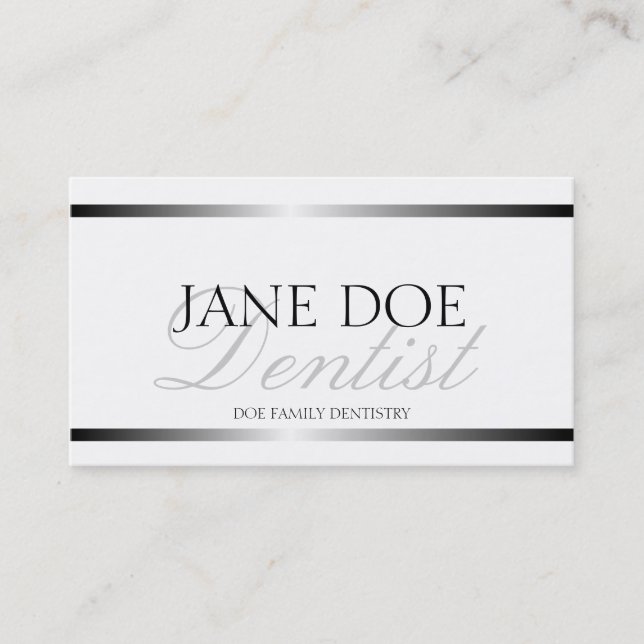 Dentist Silver Metallic Script Business Card (Front)