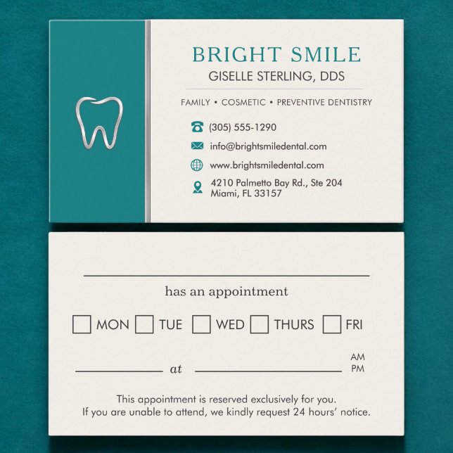 Dentist Teal Metallic Tooth Office Appointment Card (Creator Uploaded)