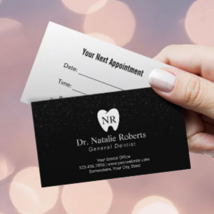 Dentist Tooth Logo Modern Black Glitter Dental Appointment Card