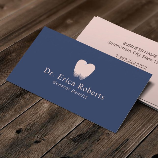Dentist Tooth Logo Navy Blue Blush Pink Dental Business Card (Creator Uploaded)