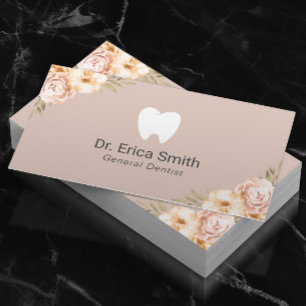 Dentist Tooth Logo Vintage Floral Blush Dental Business Card