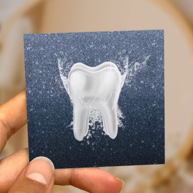 Dentist Tooth Modern Navy Blue Glitter Dental Square Business Card (Creator Uploaded)