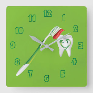 Dentist Toothbrush 🦷 Green Cute Fun Fab Square Wall Clock