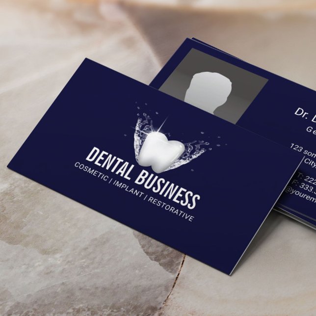 Dentist White Tooth Navy Blue Dental Care Photo Business Card (Creator Uploaded)