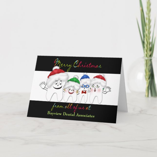 DENTIST'S CHRISTMAS CARD - TOOTH STAFF / SANTA HAT (Front)