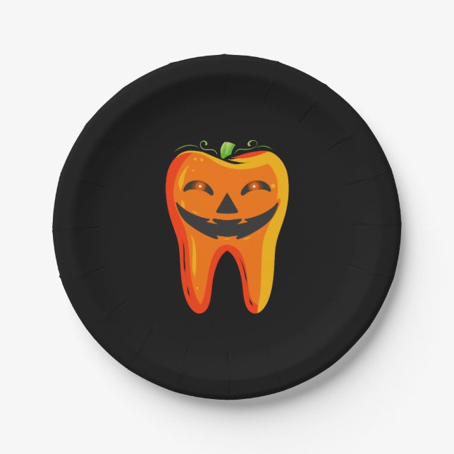 Dentists Tooth Pumpkin Halloween Paper Plate (Front)