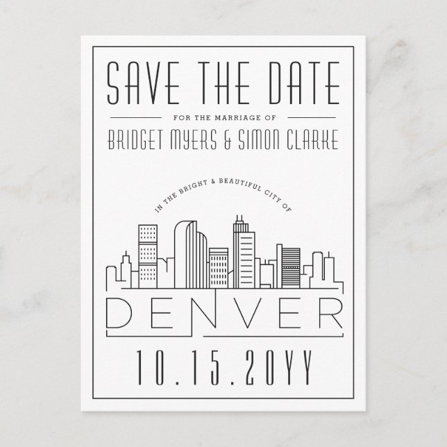 Denver, Co | Stylised Skyline Save the Date Postcard (Front)