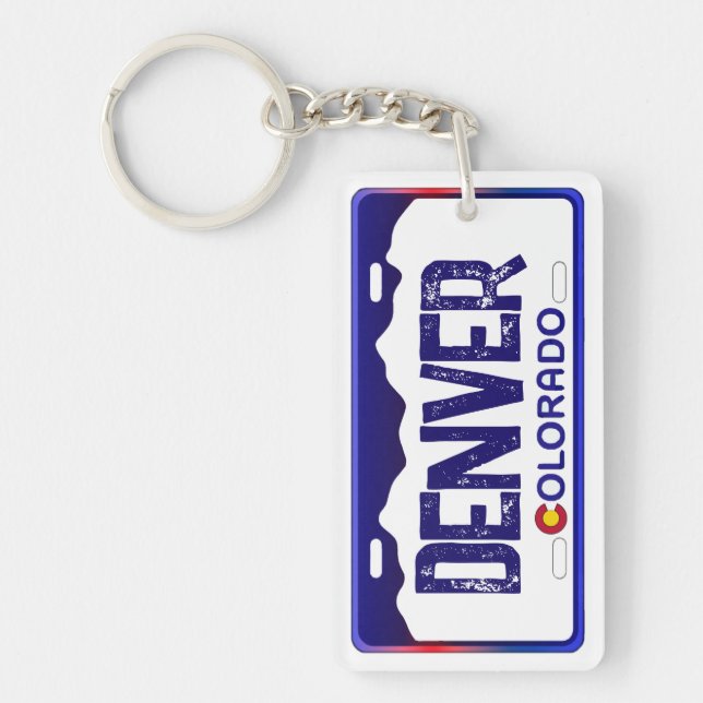 Denver Colorado blue license plate keychain (Front)