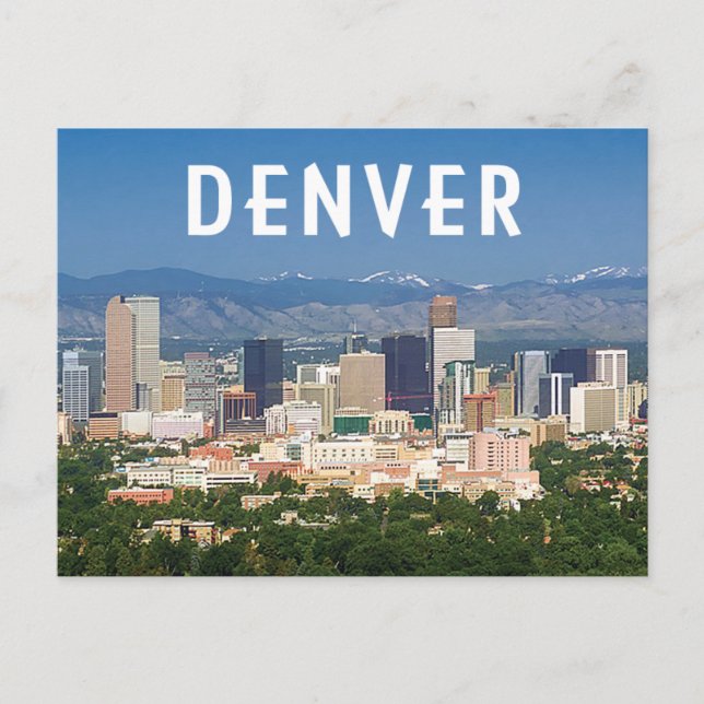 Denver Colorado downtown skyline and mountains Postcard (Front)