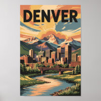 Denver Colorado Illustration Sunset Travel Art