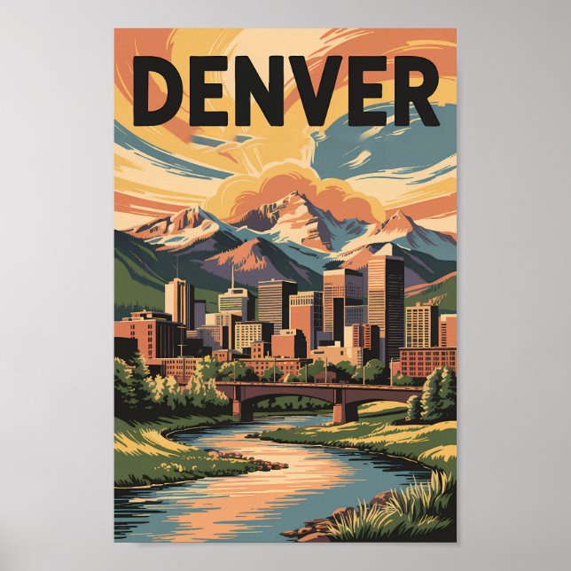 Denver Colorado Illustration Sunset Travel Art Poster (Front)