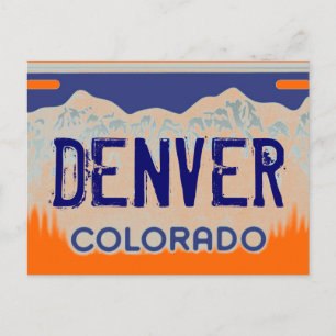 Denver Colorado orange blue license plate postcard
