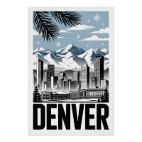Denver Colorado Skyline Black White Woodcut