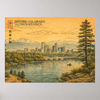 Denver Colorado Skyline in Japanese Ukiyo-e Poster