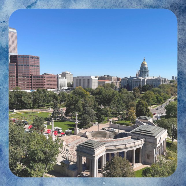 Denver Downtown Skyline Colorado Capitol Dome  Square Sticker (A sticker with a photograph of downtown Denver, Colorado and the Capitol Dome.)