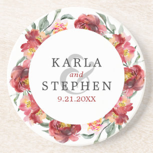 Dep-red garden flowers wreath coaster