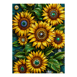 Depicting Sunflowers With Gemstone Embellishments Poster