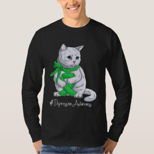 Depression Awareness Month Green Ribbon Cat T-Shirt