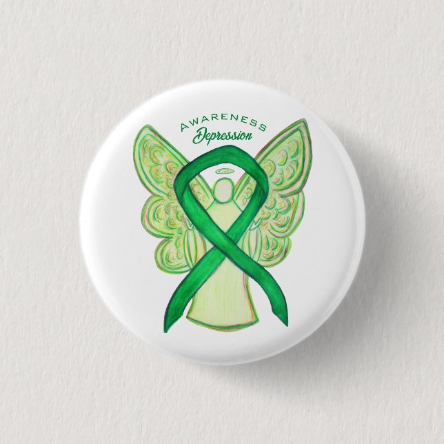 Depression Awareness Ribbon Green Angel Pin Button (Front)