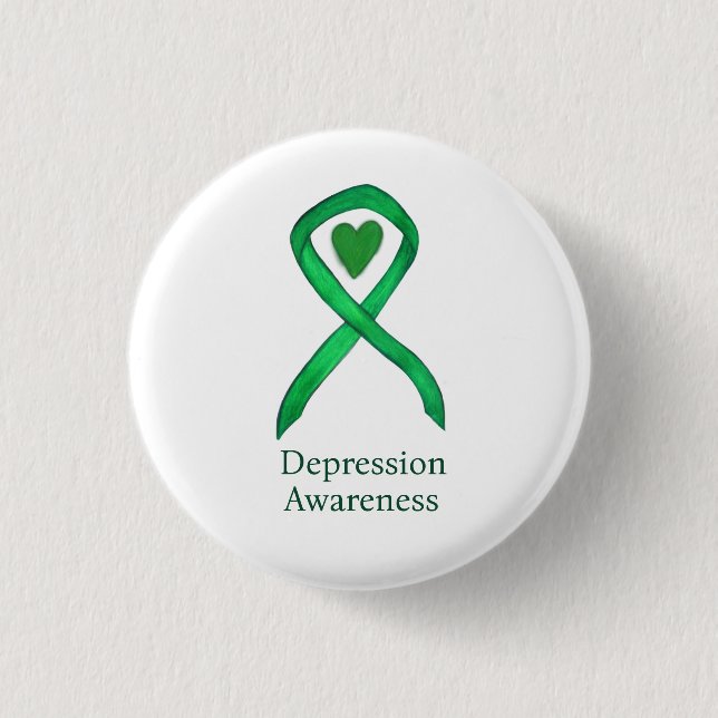 Depression Awareness Ribbon Green Heart Pin Button (Front)