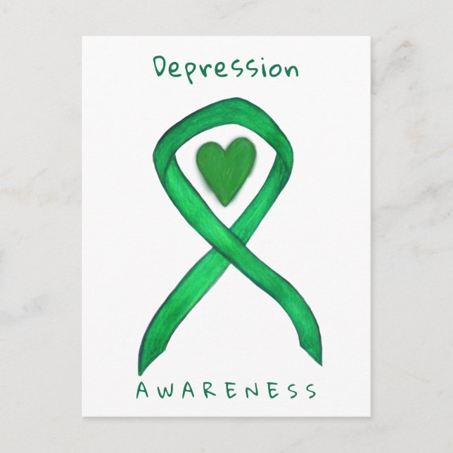 Depression Awareness Ribbon Green Heart Postcard (Front)