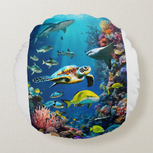 Depths of Harmony: Life Beneath the Waves Round Cushion