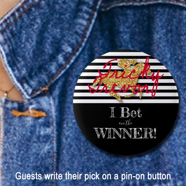 Derby Bet Gold Racehorse on Black Stripes 6 Cm Round Badge (Give your guests a red pen and a pin-on button to write their derby winner pick.)