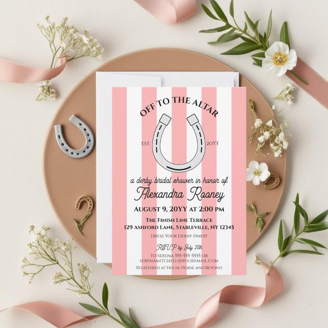 Derby Bridal Shower Pink Cabana Stripes Horseshoe Invitation (Pink cabana stripes and a horseshoe for a chic derby themed bridal shower)