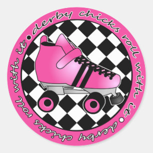 Derby Chicks Roll With It - Hot Pink Black White Classic Round Sticker