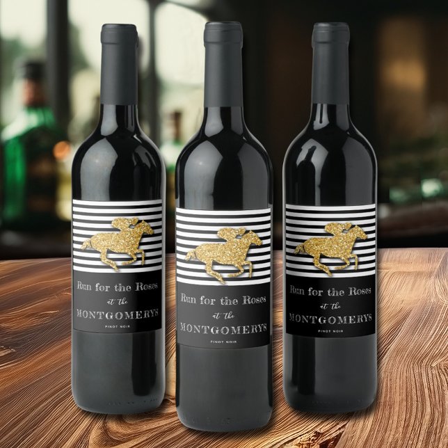 Derby Gold Racehorse and Jockey on Stripes Wine Label (Derby gold faux glitter racehorse and jockey on black and white stripes wine bottle labels)