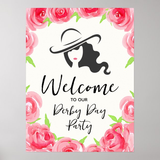 Derby Hat Lady Silhouette and Roses Welcome Poster (Front)